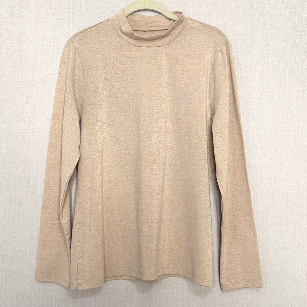 Charter Club Petite Gold Metallic Mock Neck Long Sleeve Top PL Champagne Shimmer